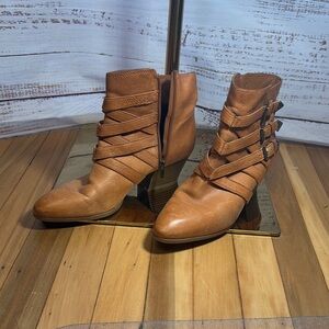 Tan‎ Ankle Boots with Strappy Details and Modest Heel